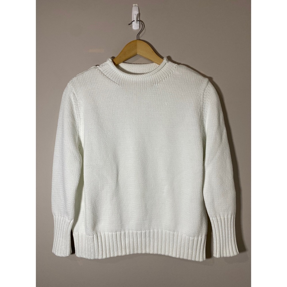 Ann Mashburn Womens White Cotton Blend Shaker Knit Sweater Large Rolled Neck